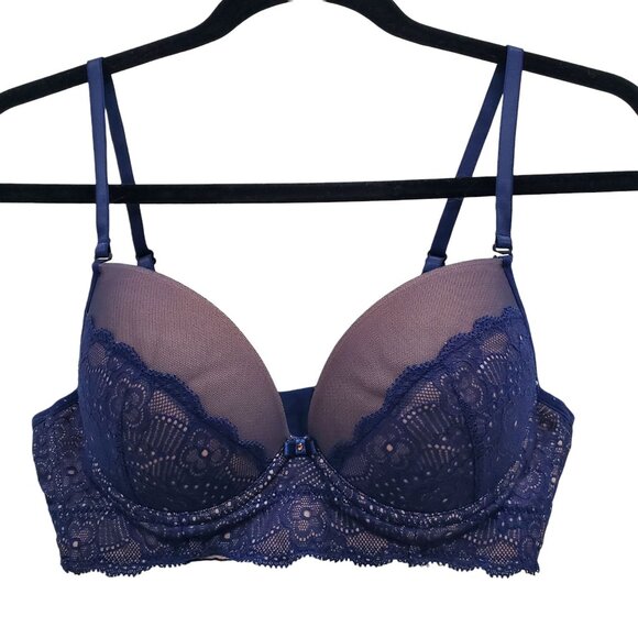 Caffarena Peru #7010 Blue‎ Beige Lace Overlay Push Up Underwire T-Shirt Bra 34B - Picture 1 of 6